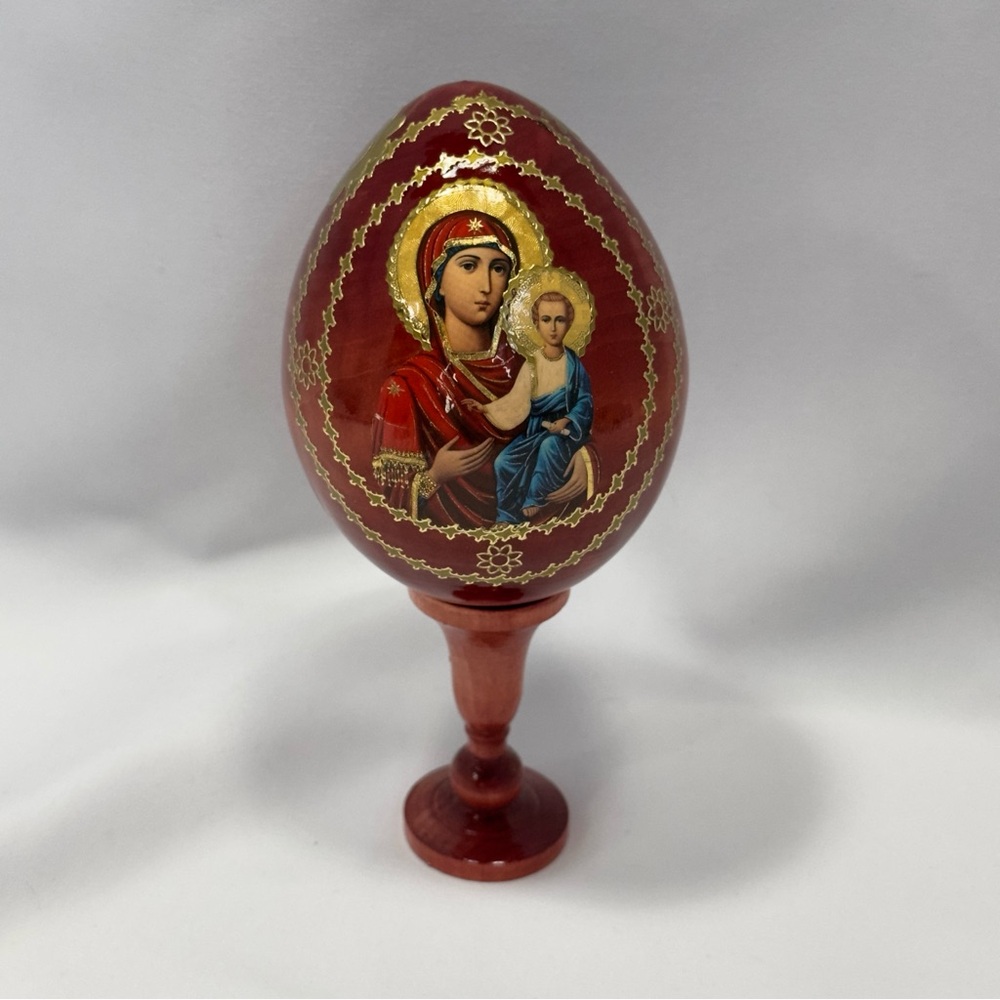 Russian Orthodox Religious Icon Red Gold Tone Decorative Egg Madonna and Child - Picture 1 of 16